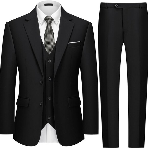 Mens Two Button 3-Piece Suits Slim Fit Tuxedo Set with Blazer Jacket Vest & Pant